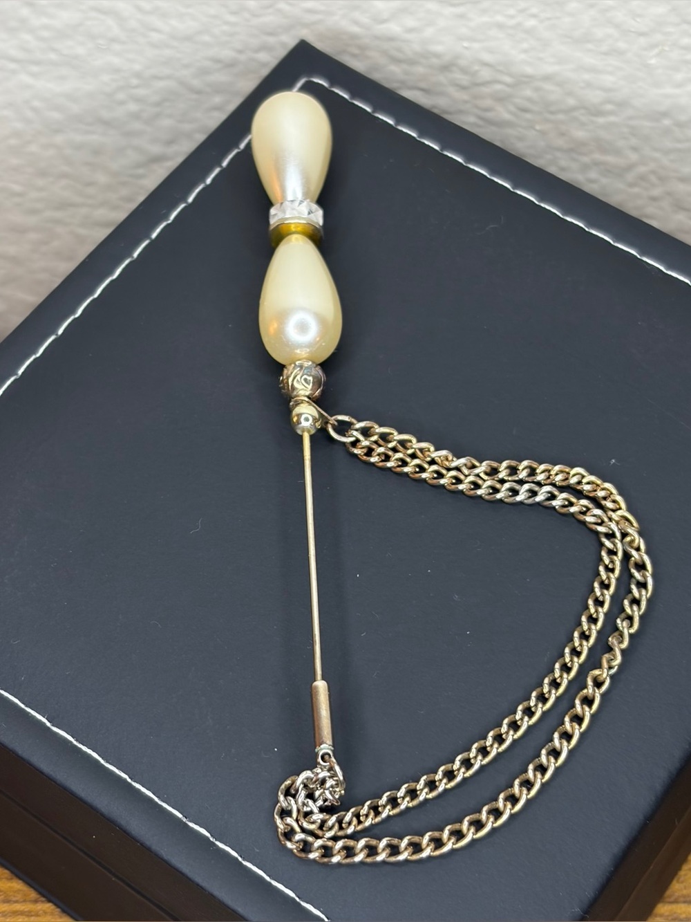 Vintage Faux Pearl Bow Stick Pin with Safety Chain Lapel Pin, Victorian Revival